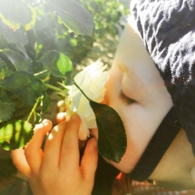 Close up of a toddler sniffing a flower